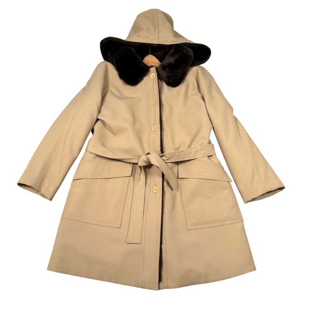 Vintage 70s Canterbury Women Tan Faux Fur Trim Hooded Belted Trench Coat 16/18